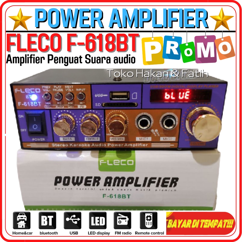 Ampli Fleco F-618 BT Power Amplifier AC DC Bluetooth USB FM SD Mp3 - Power Amplifier Fleco F 618BT -