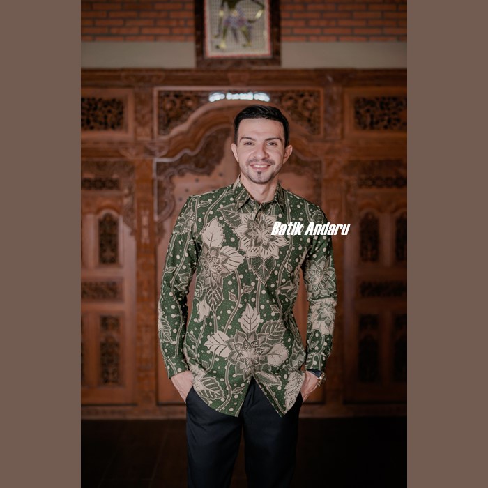 Atasan Baju Batik Pria Lengan Panjang Modern Bahan Katun Primisima Solo Kualitas Premium Warna Hijau Green