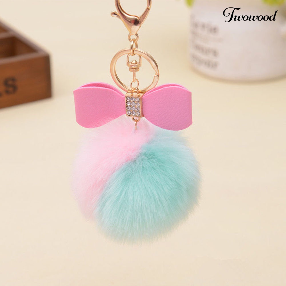 Twowood Faux Rabbit Fur Ball Fluffy Ikatan Simpul Pesona Gantungan Kunci Mobil Handbag Phone Key Ring