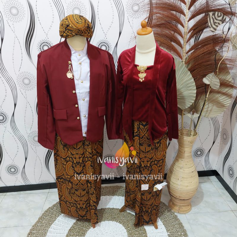 Full Set Baju Prewedding / Baju Couple Adat Jawa | Nuansa Hewes Maroon - Motif Semen romo