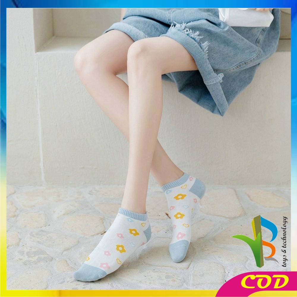 RB-P186 Kaos Kaki Pendek Semata Kaki Motif Bunga Biru Wanita Korean Style / Flower Ankle Sock / Kaus Kaki Pendek Wanita Dewasa