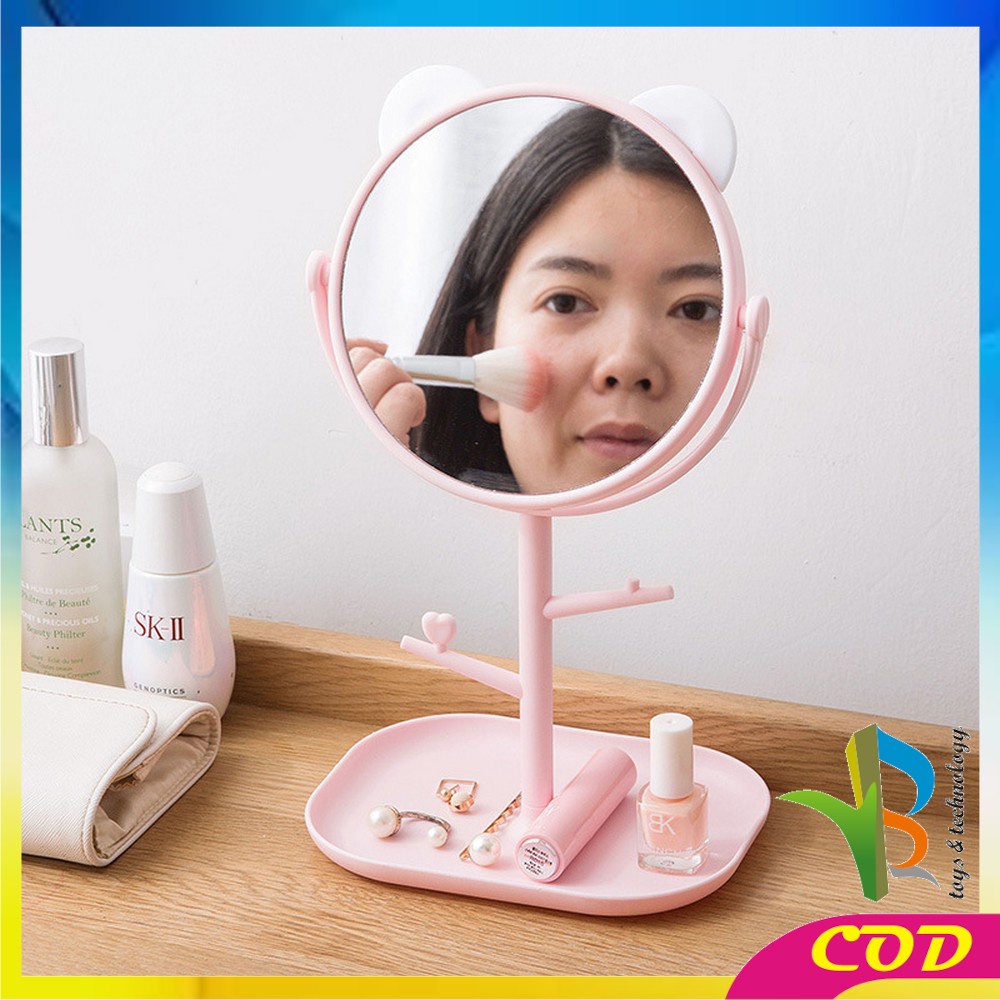 RB-K91 Cermin Motif Telinga Panda Serbaguna / Kaca Meja Rias Bulat Lucu / Standing Mirror Makeup Desktop Rotating Multifunction