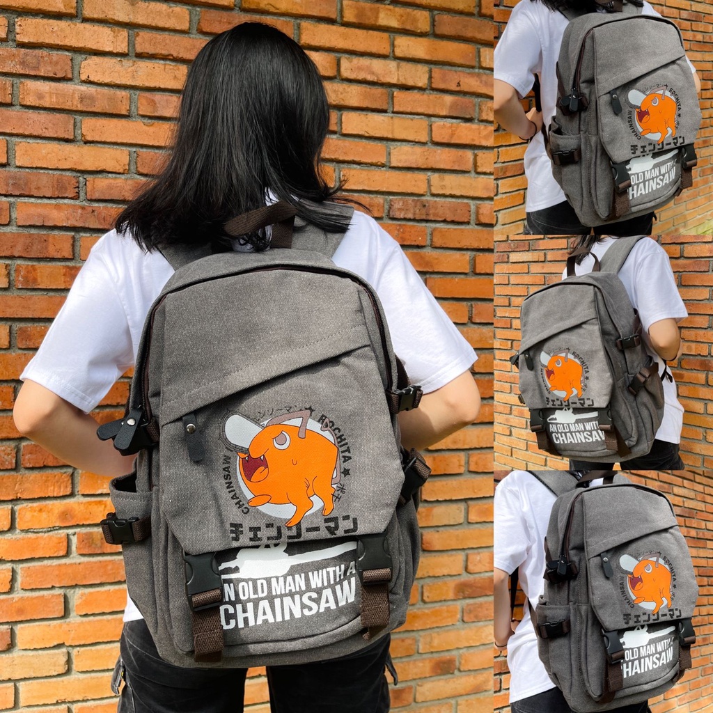 Bagpack Pochita Kanji Canvas Grey Anime Manga Chainsaw Man Premium Unisex