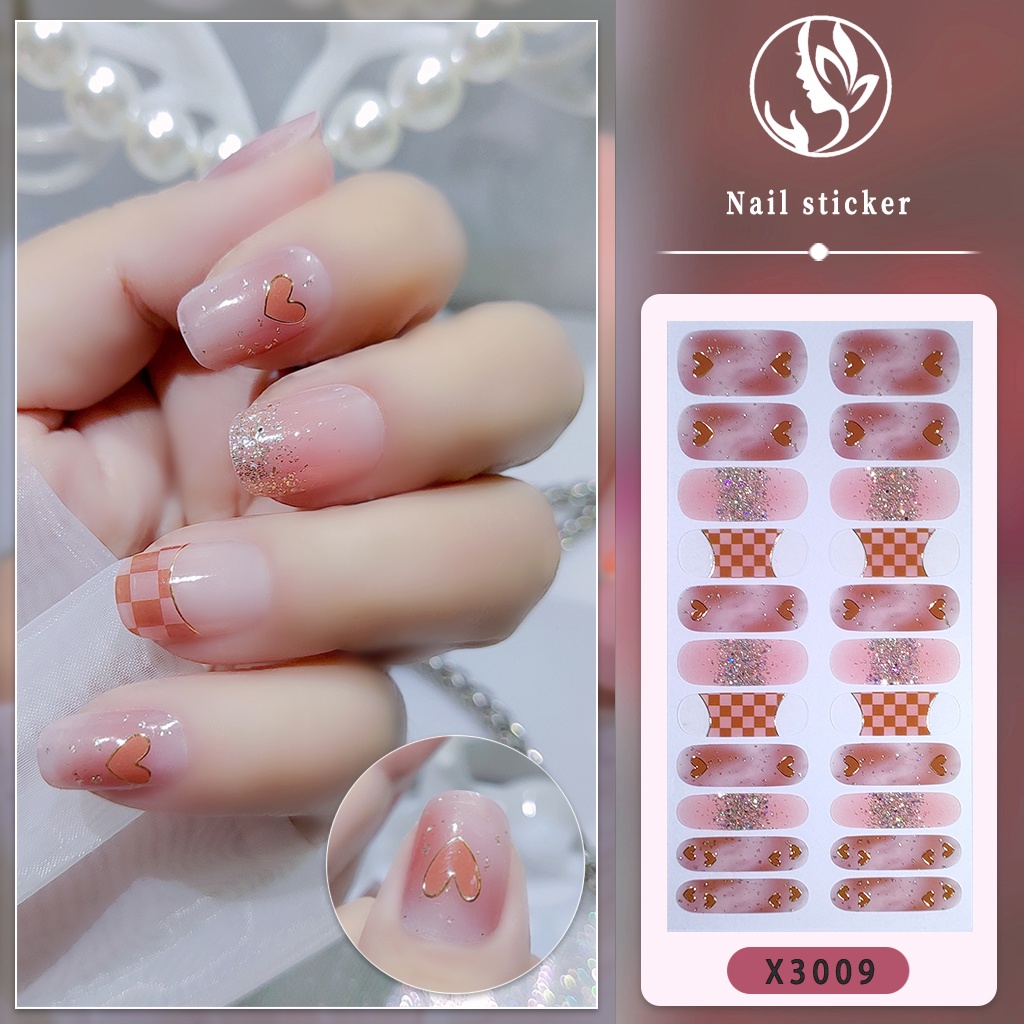 X set 3D Vision Stiker Kuku Kuku Stiker Kuku Panjang Tahan Air Sobek Dipanjangkan Penuh Kuku Bungkus Fasion Tiga Dimensi Nail Art Mutiara Permata Laser Gradien DIY Manicure Sticker