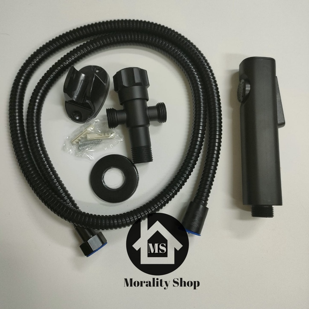 paket jet shower hitam minimalis 7BL &amp; stop kran hitam cabang T  14H