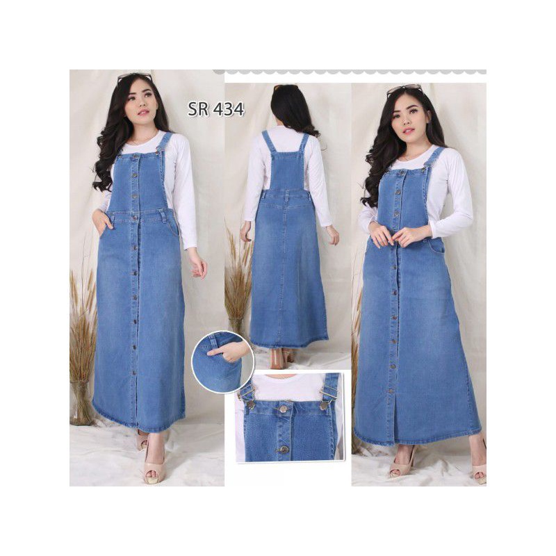 ORIGINAL BAJU ROK LONG DRESS GAMIS OVERALL TERUSAN PANJANG BAHAN JEANS DENIM TEBAL MODEL MOTIF POLOS