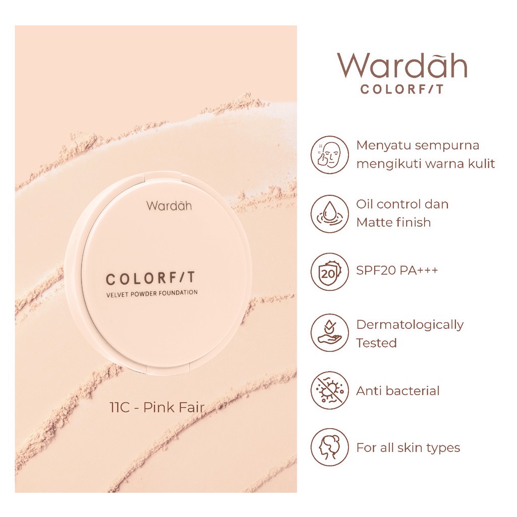 WARDAH Colorfit Velvet Powder Foundation Indonesia / Bedak Wajah 11g / SPF 20 PA++ Buildable Coverage Oil Control 12 Jam Soft Focus Anti Bacterial Transferproof / Ivory Beige Neutral Sand Link / Cosmetic Face Makeup Make Up Series / Cushion Contour Lip