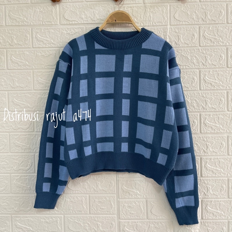 IMAS TOP KNIT IMPORT SWEATER RAJUT KOTAK KOTAK LENGAN PANJANG WANITA