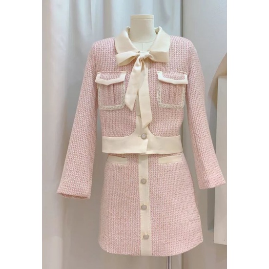 taglabel set tweed pink top+skirt+tie