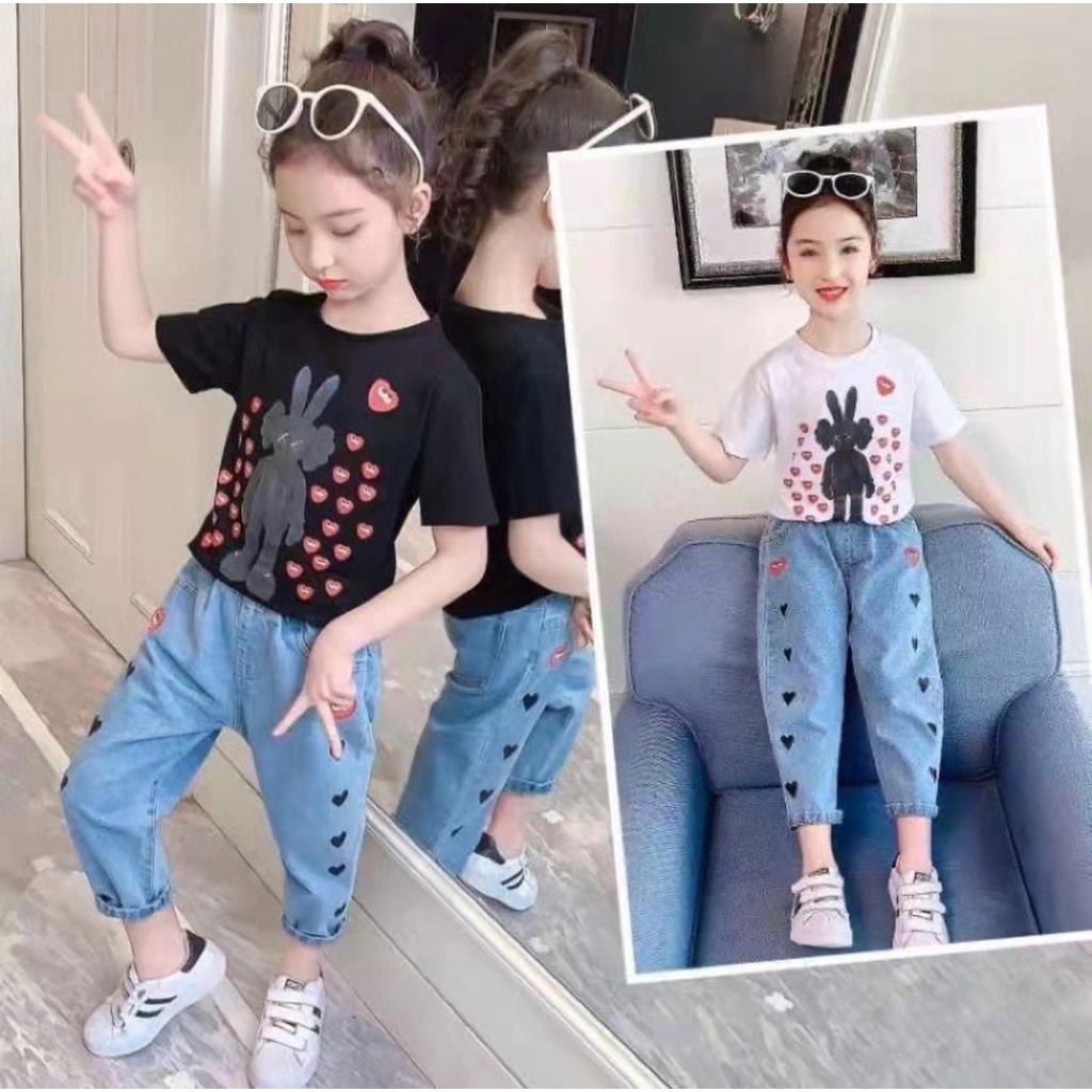 SETELAN ANAK BAJU KAOS ANAK BAHAN KATUN CELANA PANJANG DENIM TERBARU UMUR 1-5 TAHUN