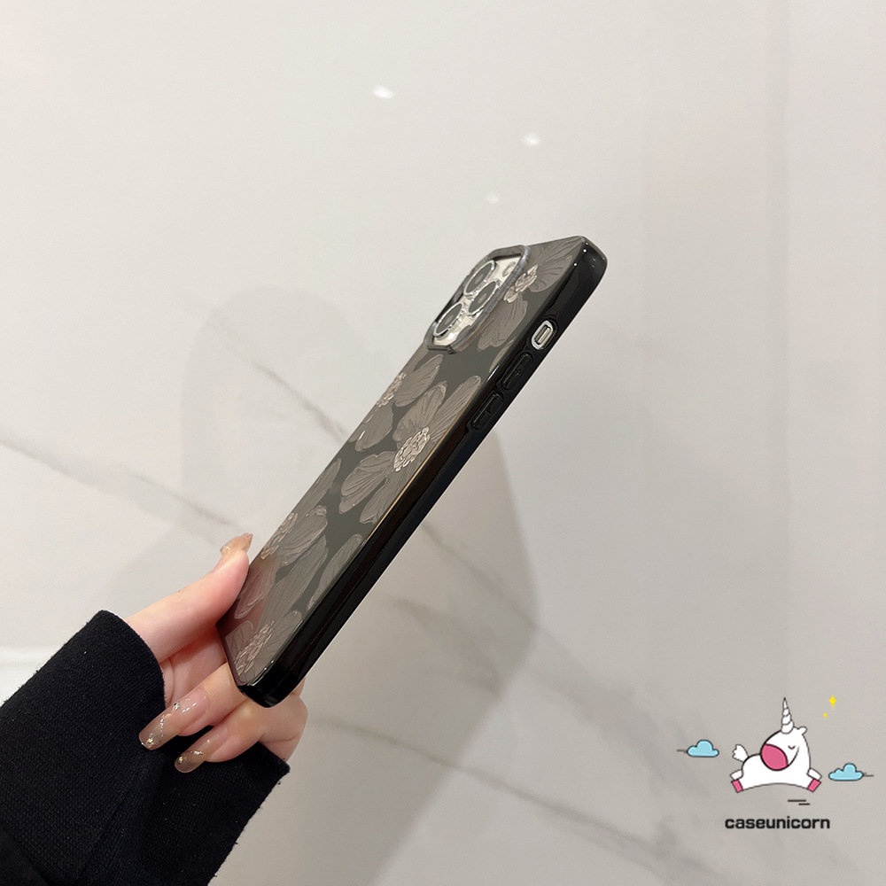 IPHONE Casing Case Ponsel Glossy Kompatibel Untuk Iphone14 13 11 12 Pro Max 7Plus 8Plus XR 78 14 Plus X XS Max SE 2020retro Lukisan Cat Minyak Bunga Halus Lembut Tpu Hitam Penutup Belakang