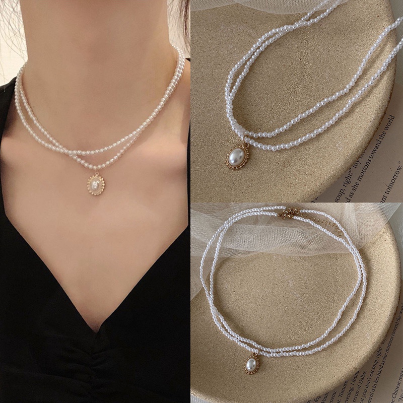 Choker Rantai Klavikula Kalung Mutiara Ganda Vintage Untuk Wanita