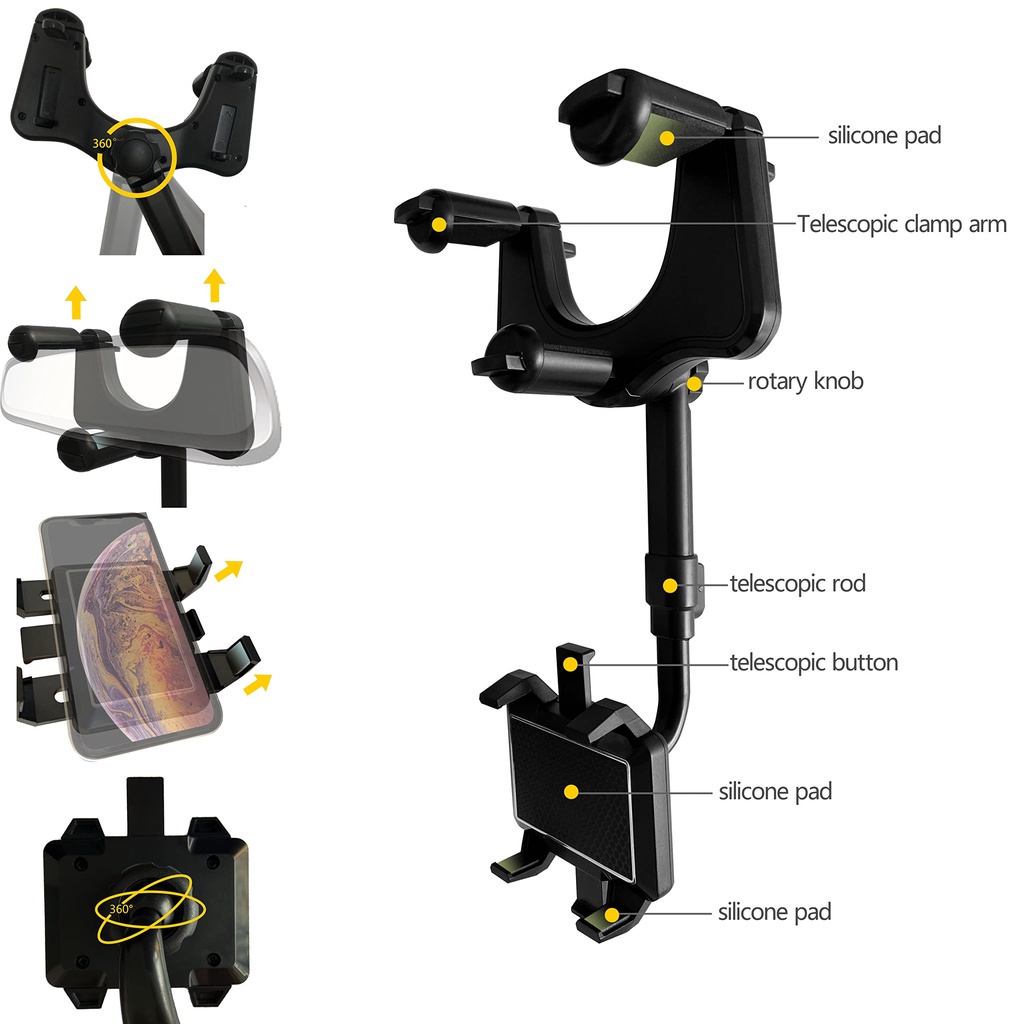 Holder Mobil Handphone Fleksible Jepit Kaca Spion 360 derajat Car Holder Multifungsi