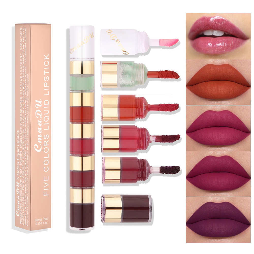 CMAADU Five Colors Liquid 5 In 1 Velvet Matte Lipstick to Lips Gloss Lip Tint 5 warna Waterproof Long Lasting