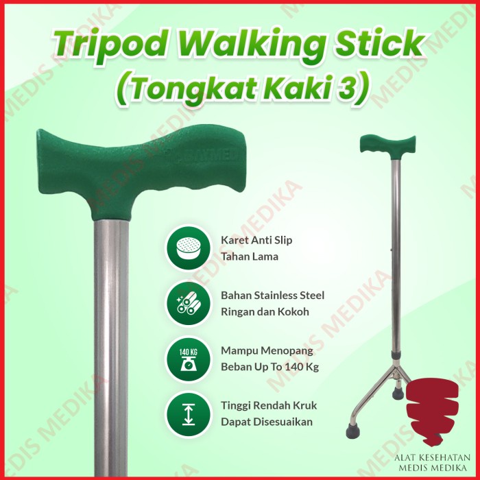 Tongkat Kaki 3 Tripod Alat Bantu Jalan Tiga Orang Tua Lansia Manula Walking Stick