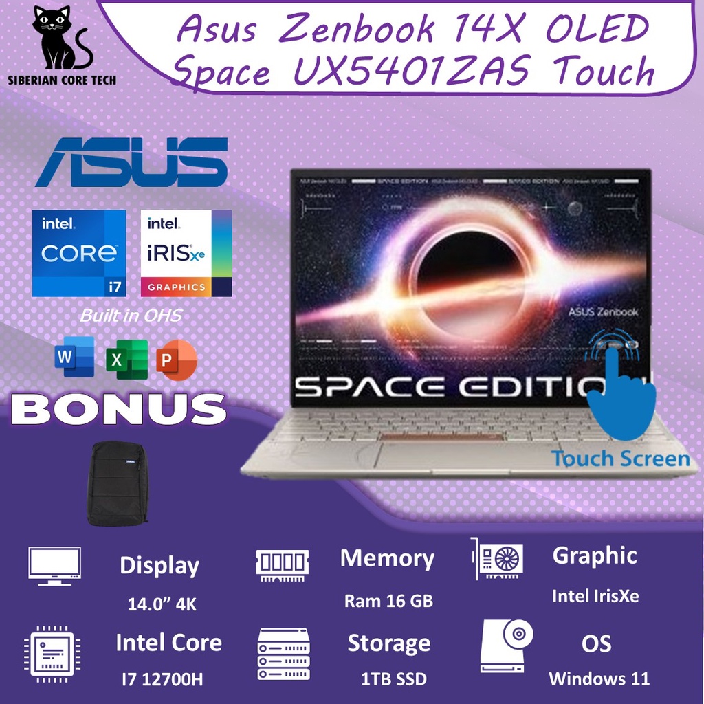 ASUS ZENBOOK 14X OLED SPACE UX5401ZAS OLEDP711 TOUCH I7 12700H 16GB 1TBSSD IRISXE W11+OHS 14.0 4K NPAD PEN TITAN