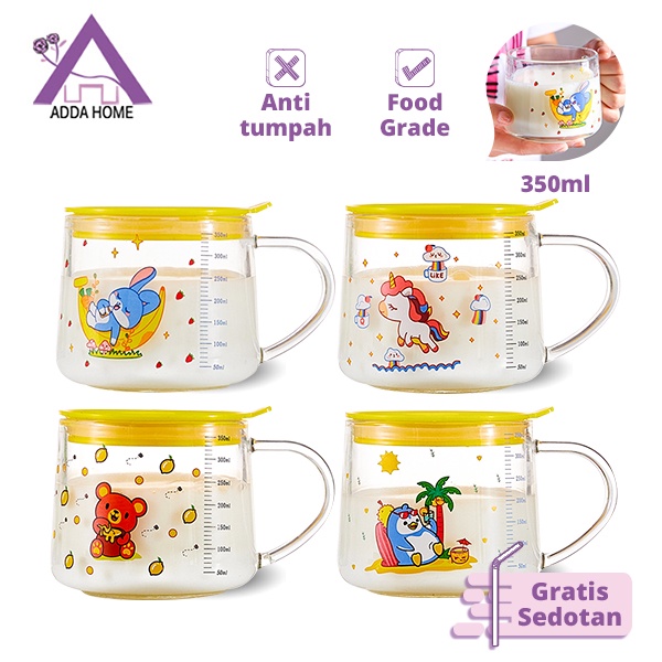 Adda Home - Gelas Minum Mug Anak Kaca Karakter Kelinci Beruang Unicorn Penguin Gratis Sedotan Anti Tumpah 350ml BPA Free