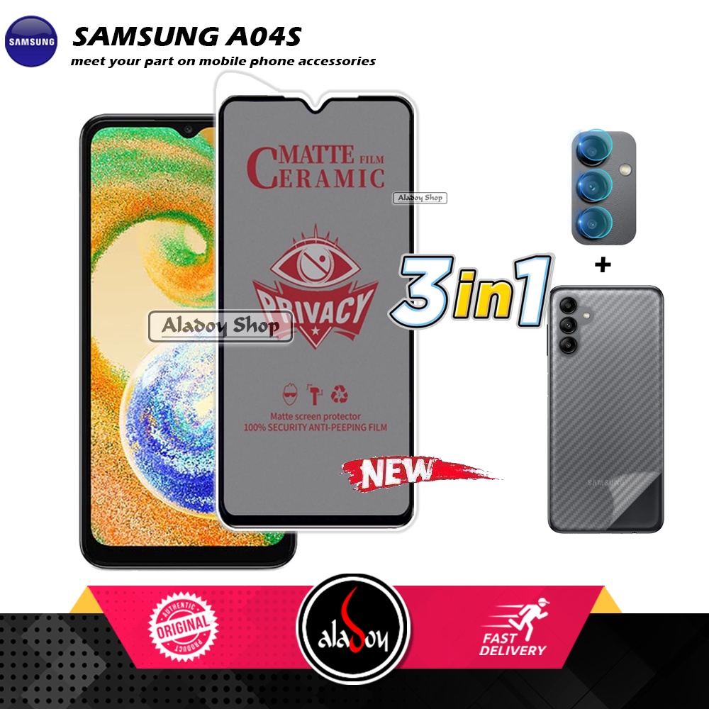 Tempered Glass Anti SPY Samsung A04S Anti Gores Privacy + Tempered Glass kamera dan Skin Carbon