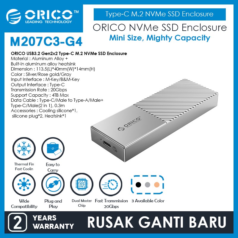 Ssd m2 Enclosure orico Nvme 4tb usb3.1 type-c 20Gbps aluminum m207c3-g4 - Casing external m.2 m-key nvm m207-c3