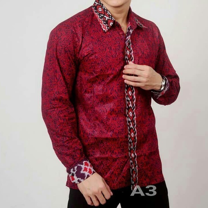 KEMEJA BATIK LENGAN PANJANG MOTIF MEGA MENDUNG MERAH M L XL XXL