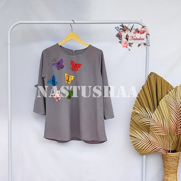 Baju Atasan Wanita Blouse Butterfly Lengan Terompet 7/8 Cantik Warna Polos Bordir Asli Motif Kupu-Kupu Top Wanita Dewasa