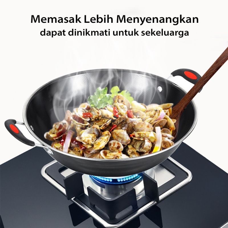 Kuali Enamel Hitam List Merah 30/32/34CM - Kuali Wajan Tebel Gagang Kuping - Wajan Penggorengan Hiqh Quality Anti Lengket - Wok Pan Jumbo Tebel