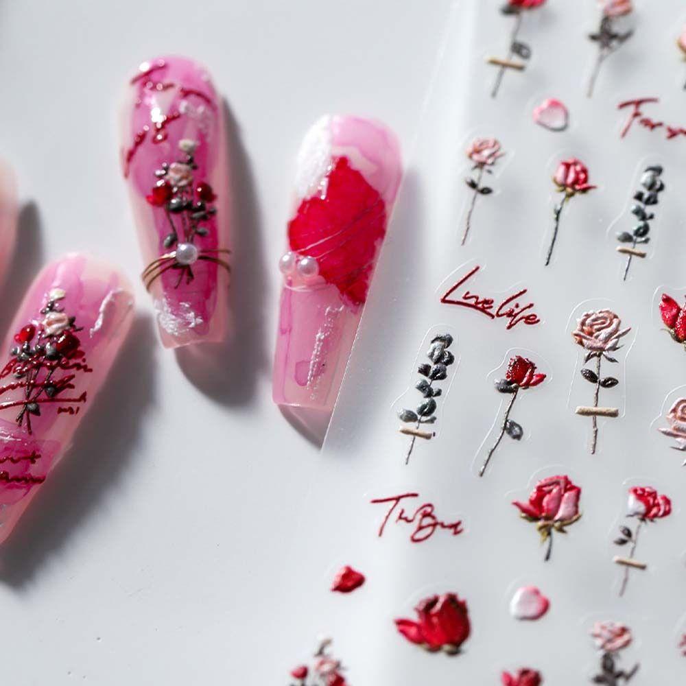 Mxbeauty Stiker Kuku Mawar Wanita Perekat Diri Cinta Hati Korea Nail Art Valentine Day Motif Kotak-Kotak Dekorasi Nail Art