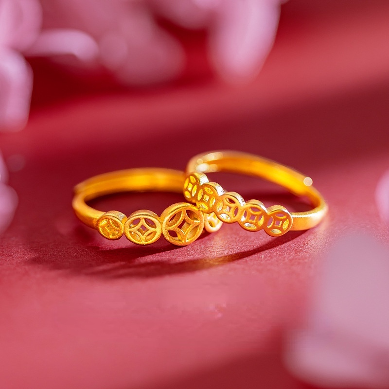 Goldkingdom Perhiasan Fashion Emas Asli Kadar 375 Bangkok Aksesoris Ready Stock Vintage Cincin Uang Dapatkan Kaya Tembaga Cincin Pasangan Sederhana Get Rich