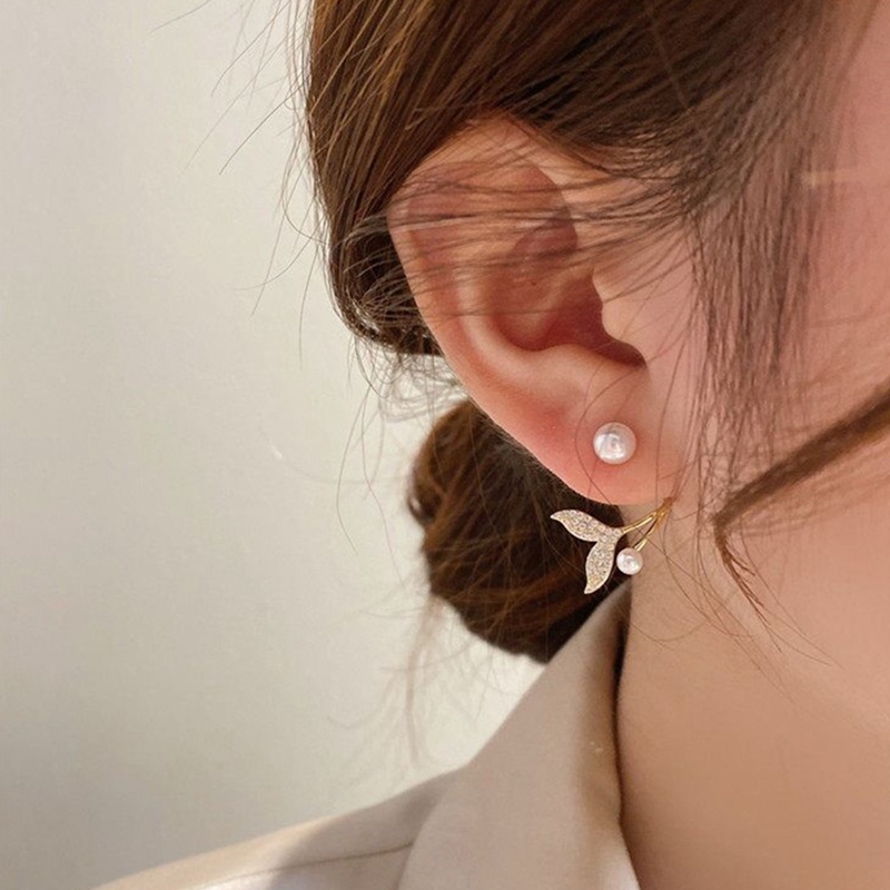 Fancyqube Korea Baru Cahaya Mewah Zirkon Fishtail Pearl Stud Earrings Untuk Wanita Fashion Kristal Imitasi Mutiara Manis Anting-Anting Gadis Perhiasan