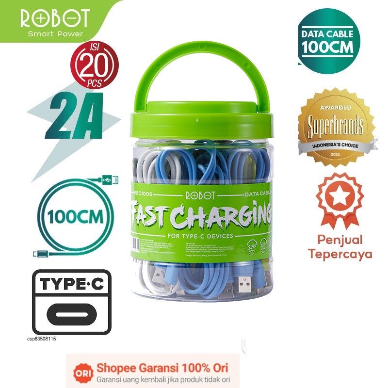 KABEL DATA TOPLES Type-C ROBOT RBC100S ISI 20pcs 2,4A Panjang 100CM RBM100S