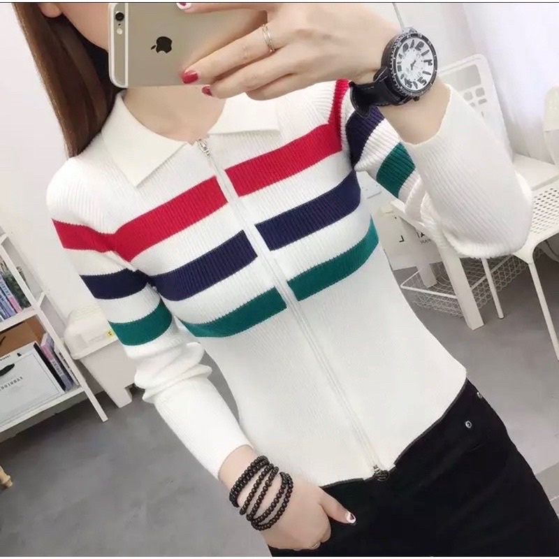 Karen zipper Knite atasan wanita stripe Rajut