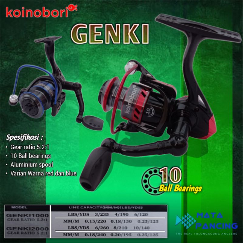 Reel pancing koinobori genki 1000 2000 aluminium spool 15kg main gear power dan 10 ball bearings