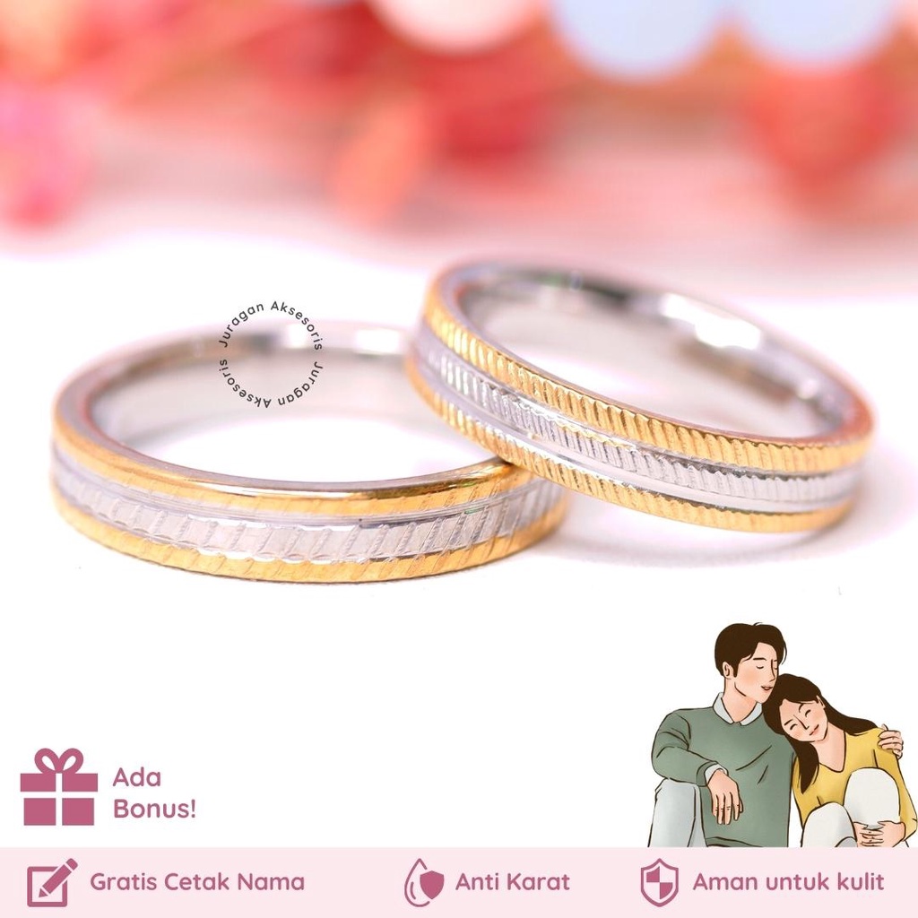 [GRATIS CETAK NAMA] Cincin Couple Romantis Ailoviu Titanium Anti Karat M118 Hadiah Tunangan Pasangan Pria Wanita Perak Platinum Paladium Emas Putih Silver Gold