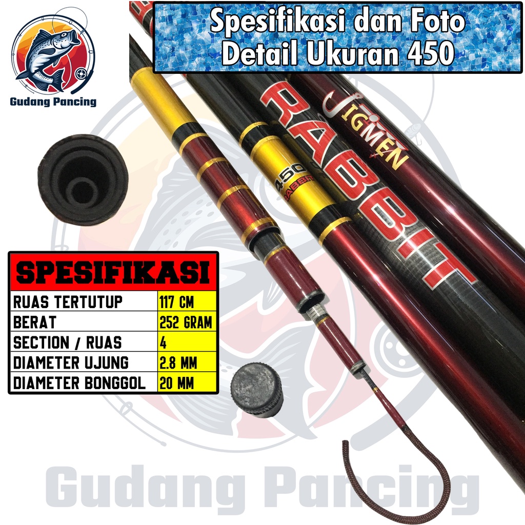 JIGMEN RABBIT Joran Tegek Kaku 10H Ukuran 450 540 630 Bahan Carbon Pole Tegeg ORIGINAL Untuk Pancing Baronang