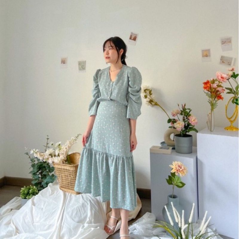 ZIAHTROVE - Nemophilia Floral Dress - Dress crinkle midi motif bunga mermaid vintage korean