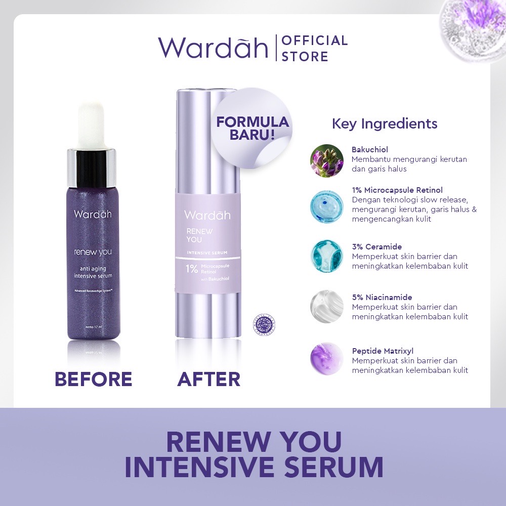 WARDAH Renew You Intensive Serum Indonesia / Serum Wajah 15ml 30ml / 1% Microcapsule Retinol With Bakuchiol / Disgulse Wrinkless Fine Lines &amp; Maintain Elasticity For Youthful Skin Looks / Skincare Face Care / Menyegarkan Muka / Re New Series / Anti Aging