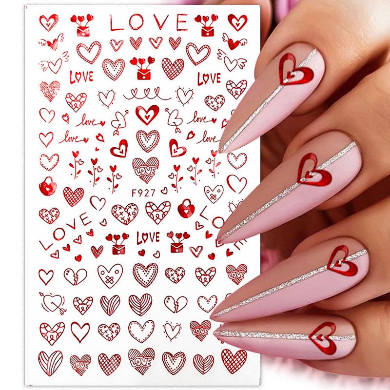 3d Stiker Kuku Merah Putih Hitam Huruf Hati Hari Valentine Seri Decals DIY Nail Art Dekorasi