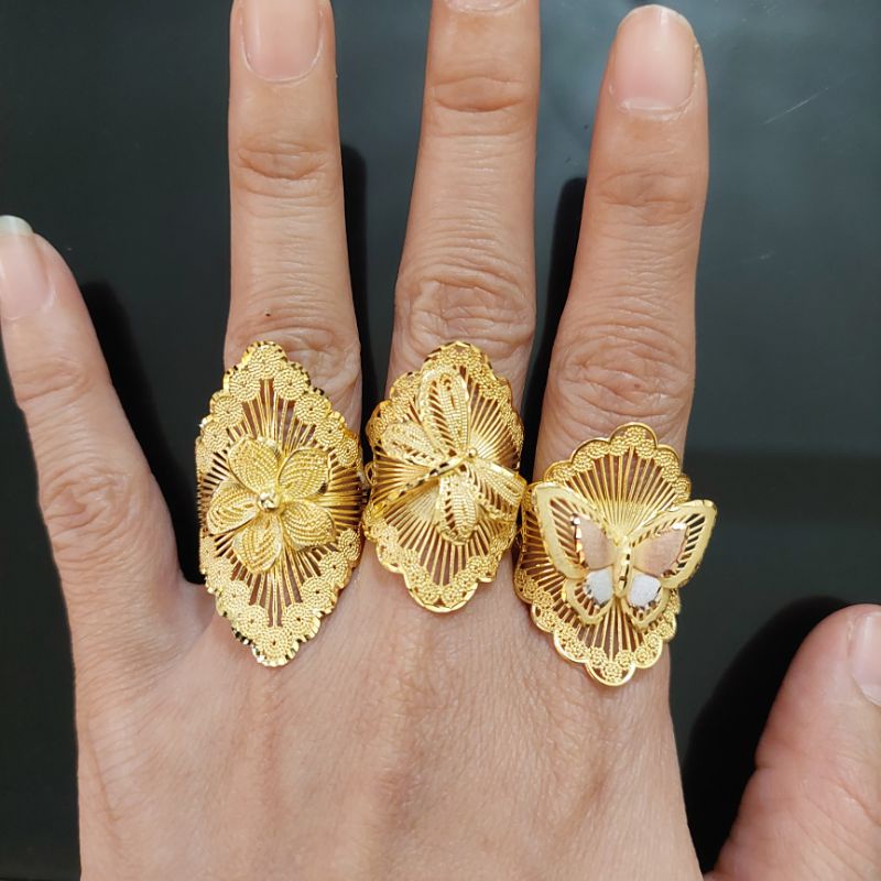 Cincin tebal bunga, capung, kupu, gelombang UBS kadar 375 8K