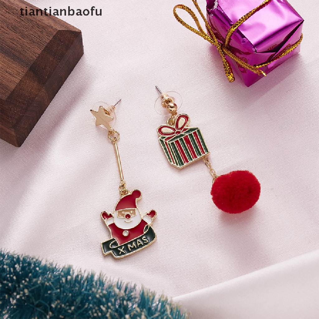 [tiantianbaofu] 1pasang Fashion Natal Stud Earrings Desain Baru Asimetris Anting-Anting Pohon Xmas Beruang Coklat Snowman Santa Claus Menjuntai Anting-Anting Perhiasan Butik