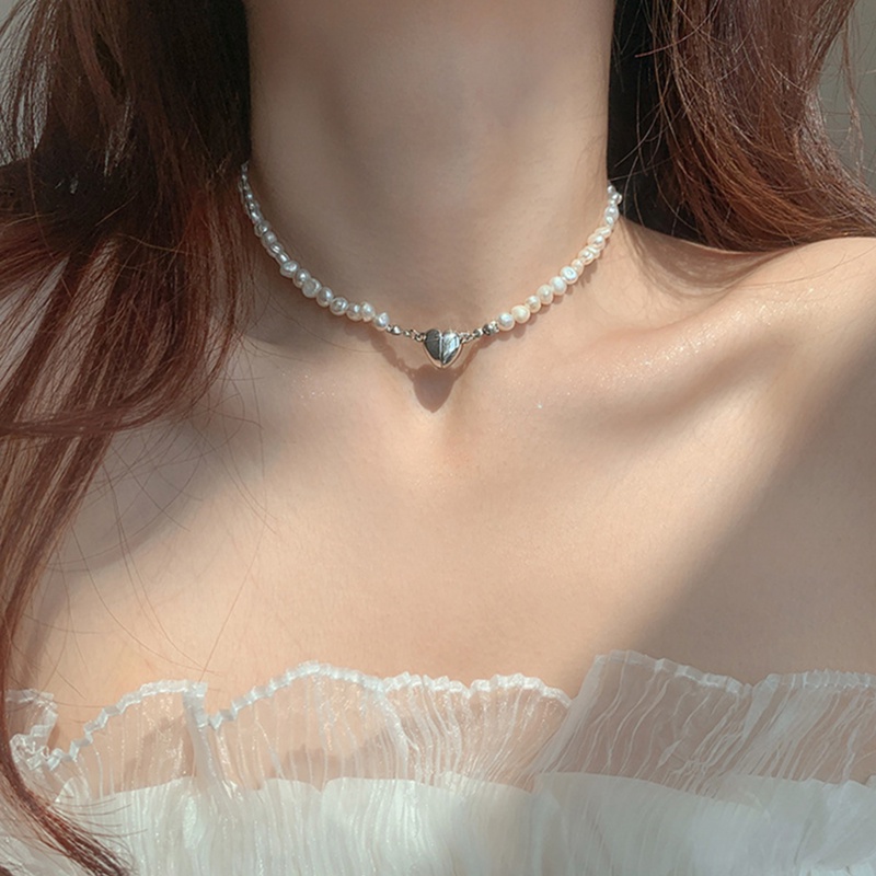 Papaozhu Baroque Mutiara Manik-Manik Perak Magnetik Jantung Pesona Choker Kalung Untuk Wanita Gadis Mewah Tulang Selangka Rantai Kalung Perhiasan Hadiah