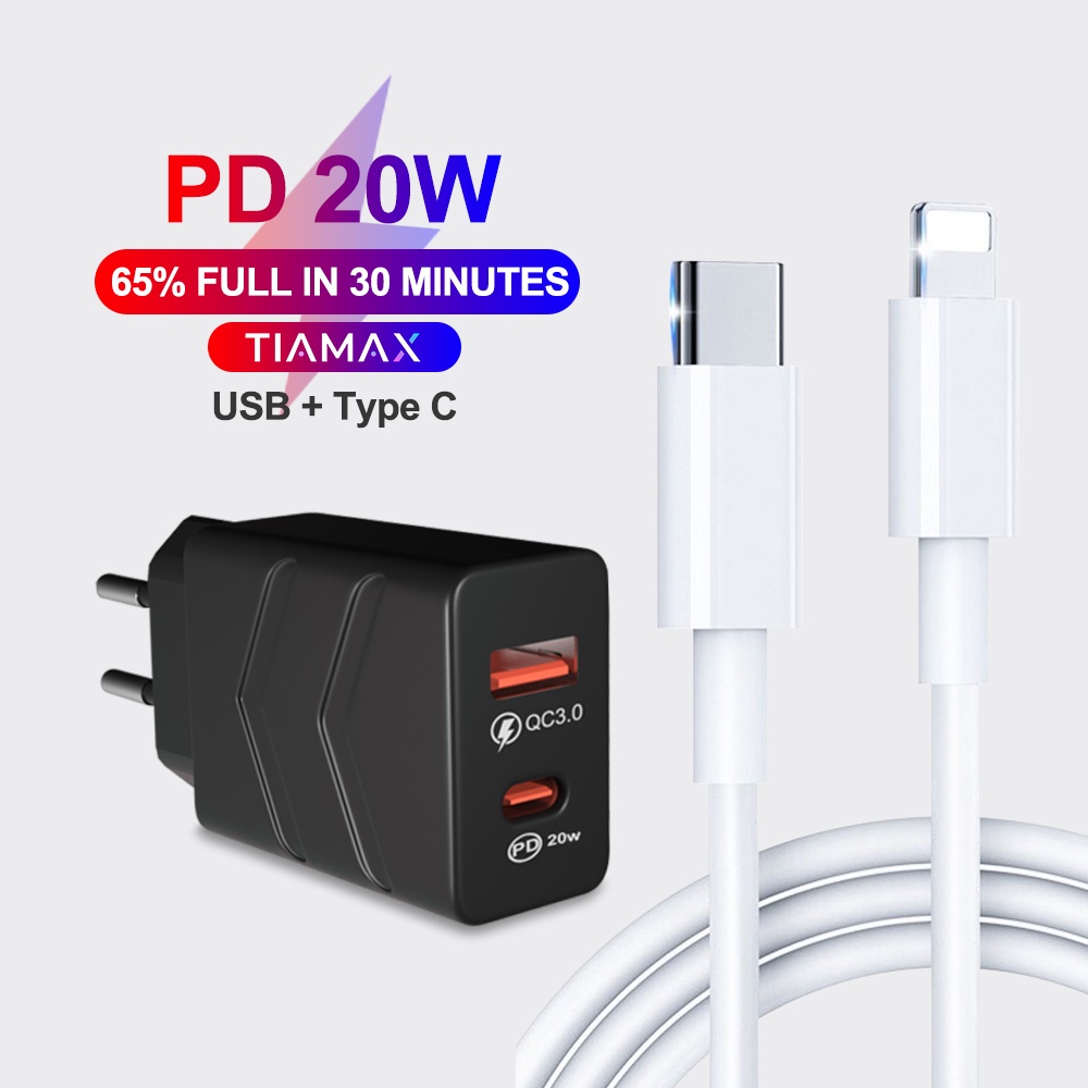 Kabel Charger PD 20W Fast Charger QC3.0 Type-C+USB Quick Charging 2Port Adaptor