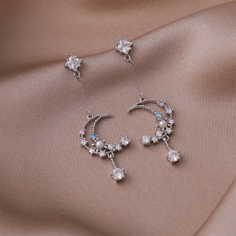 Fancyqube Anting Vintage Berlian Imitasi Sweet Moon Rumbai Zircon Color Drop Earrings Untuk Wanita Perhiasan Liontin Kristal Tetesan Air