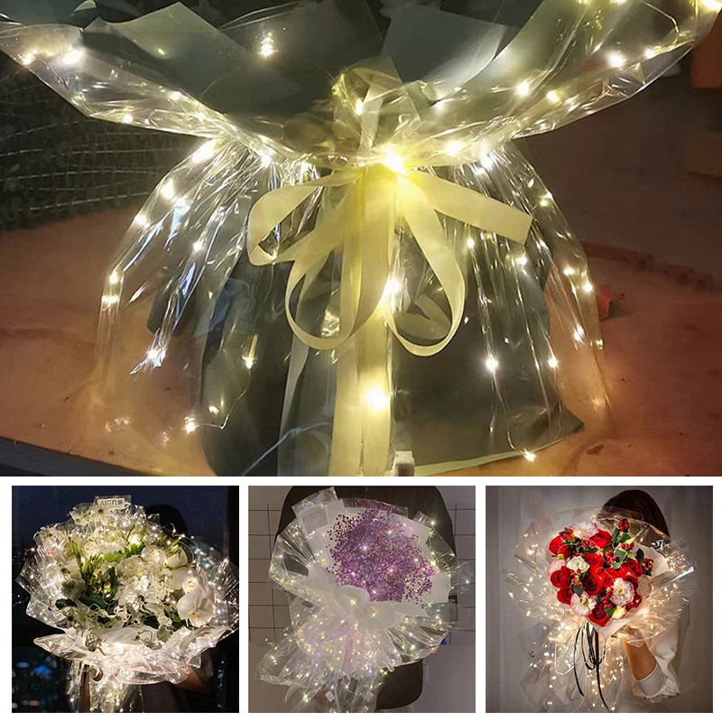 [Kado Valentine] 60*60cm Kreatif LED DIY Buket Bunga Wrapping Paper/ Kertas Kemasan Bunga Transparan Lipat Dengan Lampu LED