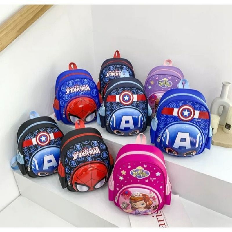READY TAS ANAK ANAK PAUD TK SD LUCU KARAKTER MARVEL SPIDERMAN CAPTAIN AMERICA FROZEN CEWEK COWOK KAD