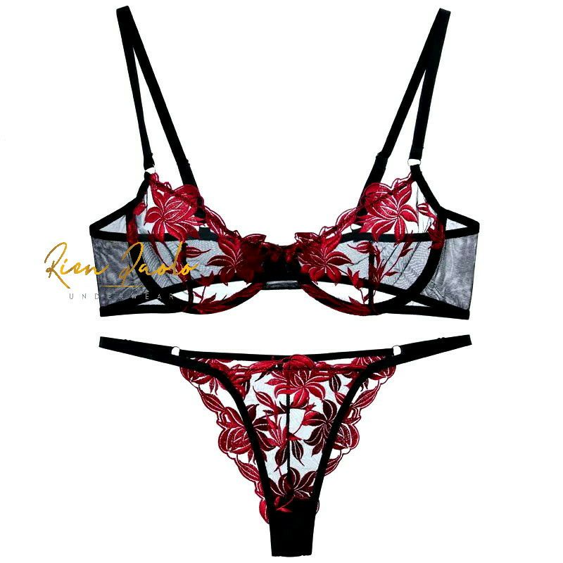 Bra Set BH CD G String Set Sexy Hot Lingerie Kawat Motif Bordir Bunga Transparan Renda Premium 365be