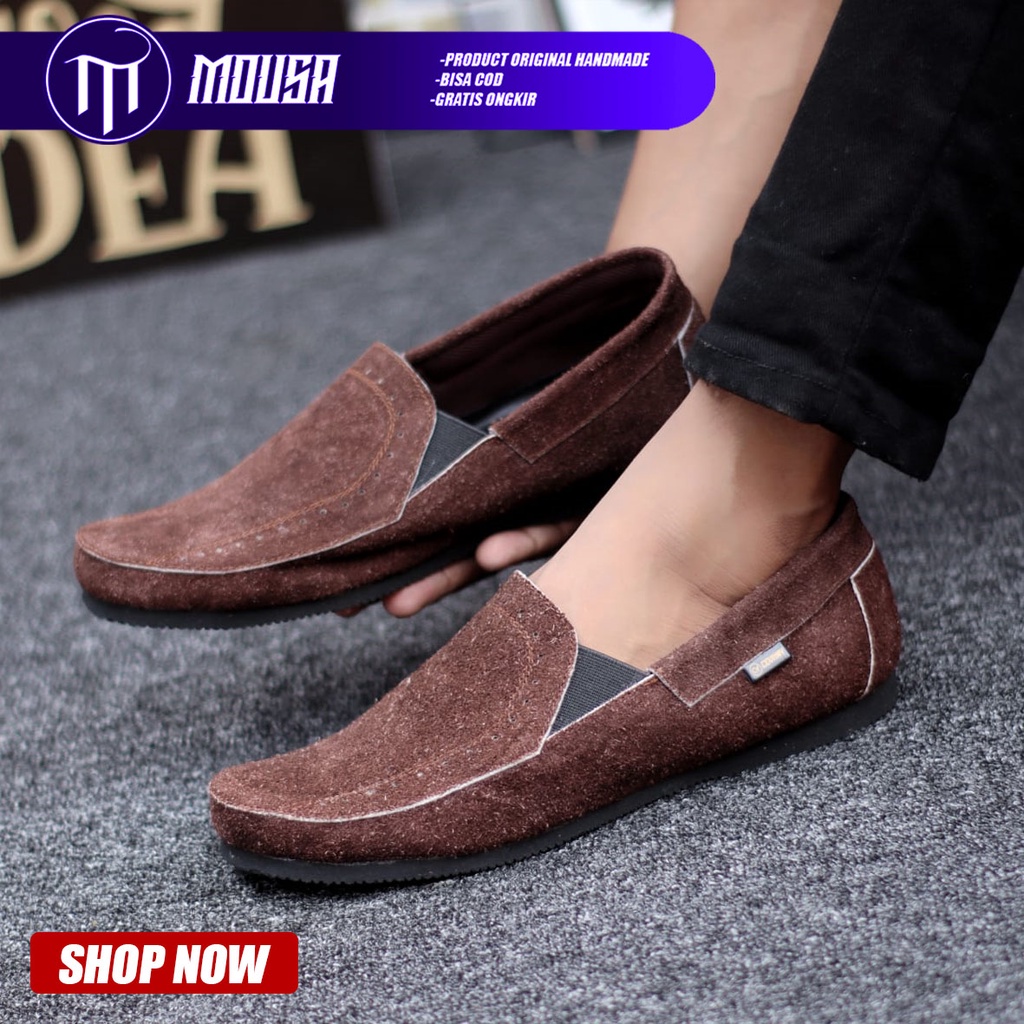 Sepatu Slip On Casual Pantofel Kulit Suede Slop Kerja Pria Mousa Jester