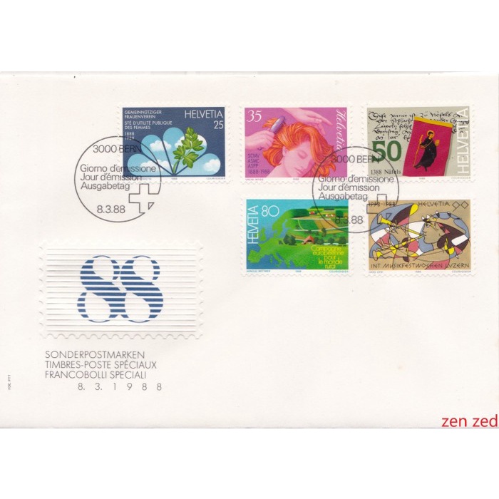 

A534 Prangko Swiss FDC 1988 Anniversaries 1 Pcs