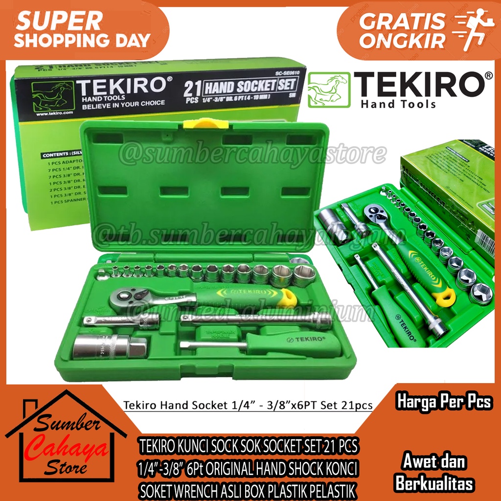 TEKIRO KUNCI SOCK SOK SOCKET SET 21 PCS 1/4” -3/8”  6Pt ORIGINAL HAND SHOCK KONCI SOKET WRENCH ASLI 