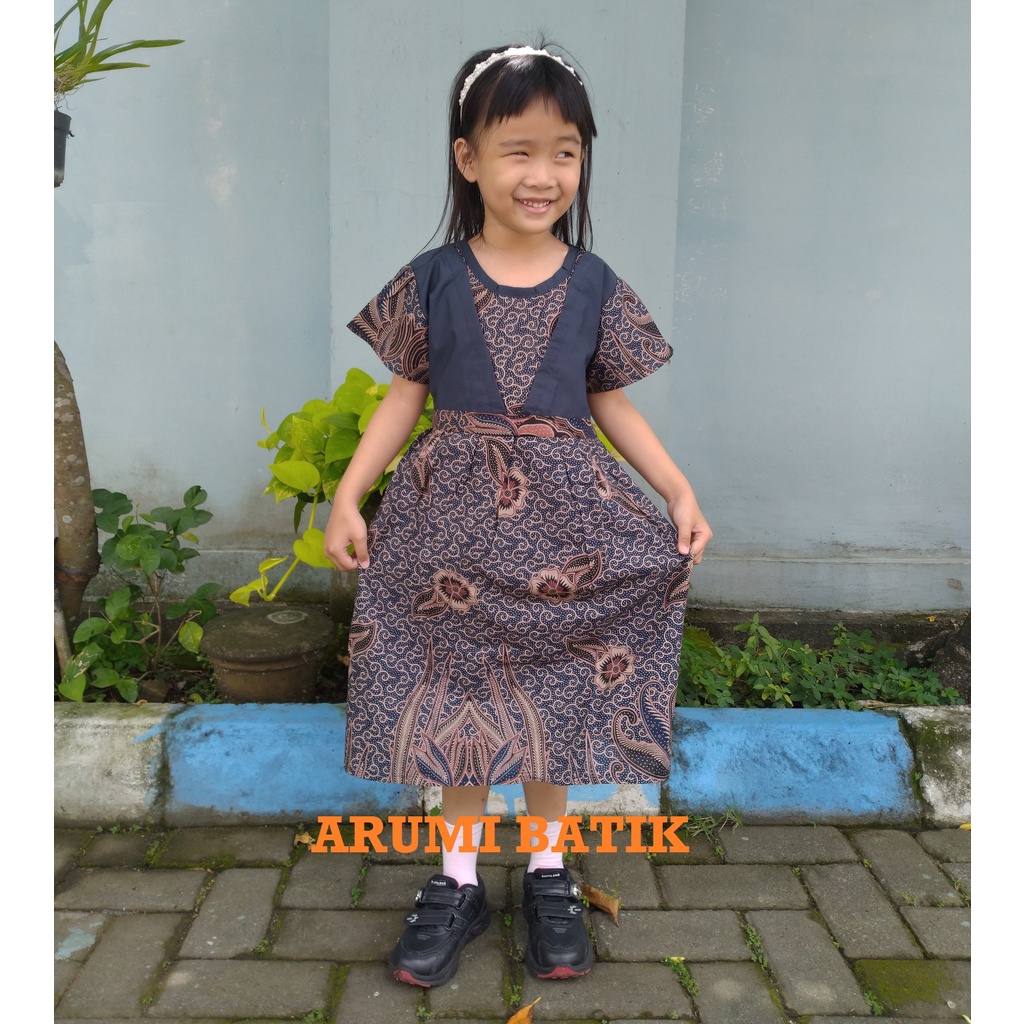 Dress Baju Batik Sekolah Anak Perempuan Balita TK SD PAUD 3008 Biru