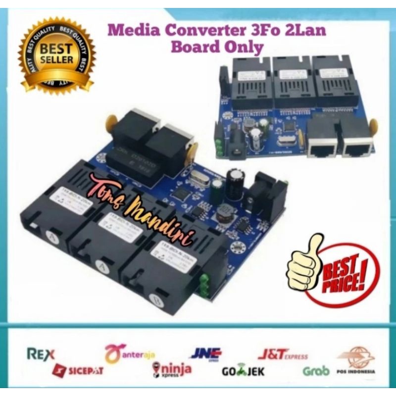 Media Converter 3 Port FO 2 Port LAN 10 / 100 Board + Adaptor 5v - 2 Amper